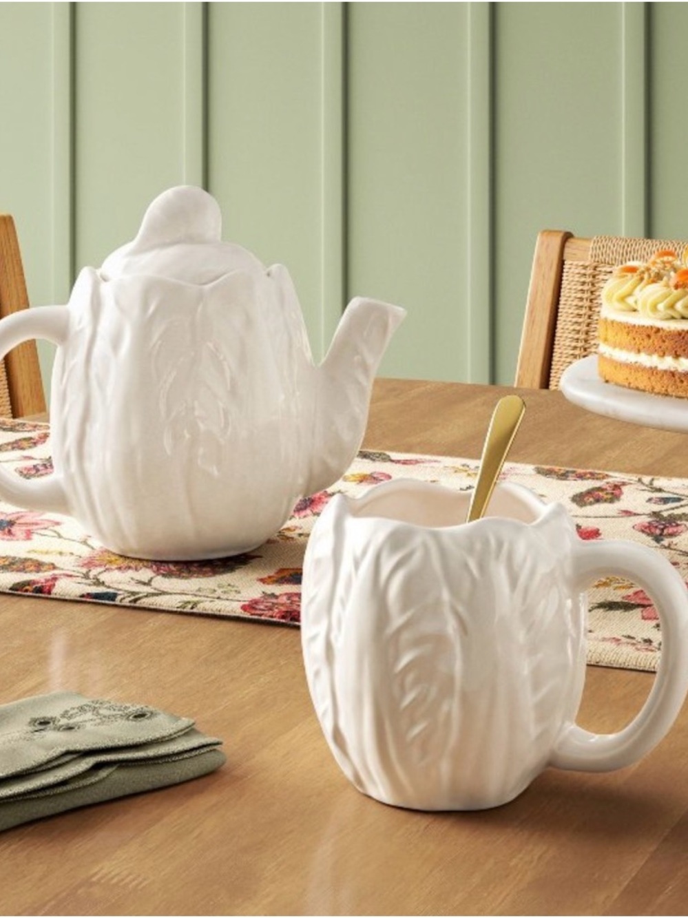 Threshold White Ceramic Leaf-Textured Teapot and Mug Set